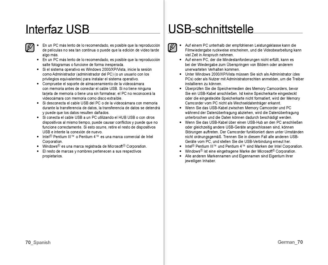 Samsung VP-MX10/CAN, VP-MX10A/XEE, VP-MX10A/XEF, VP-MX10/XEO manual Interfaz USB, USB-schnittstelle, 70Spanish, German70 