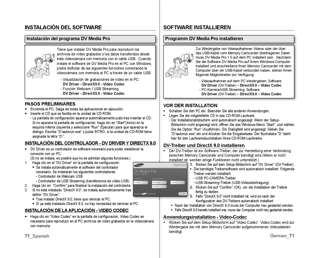 Samsung VP-MX10A/XEO, VP-MX10A/XEE Instalación DEL Software Software Installieren, Pasos Preliminares VOR DER Installation 