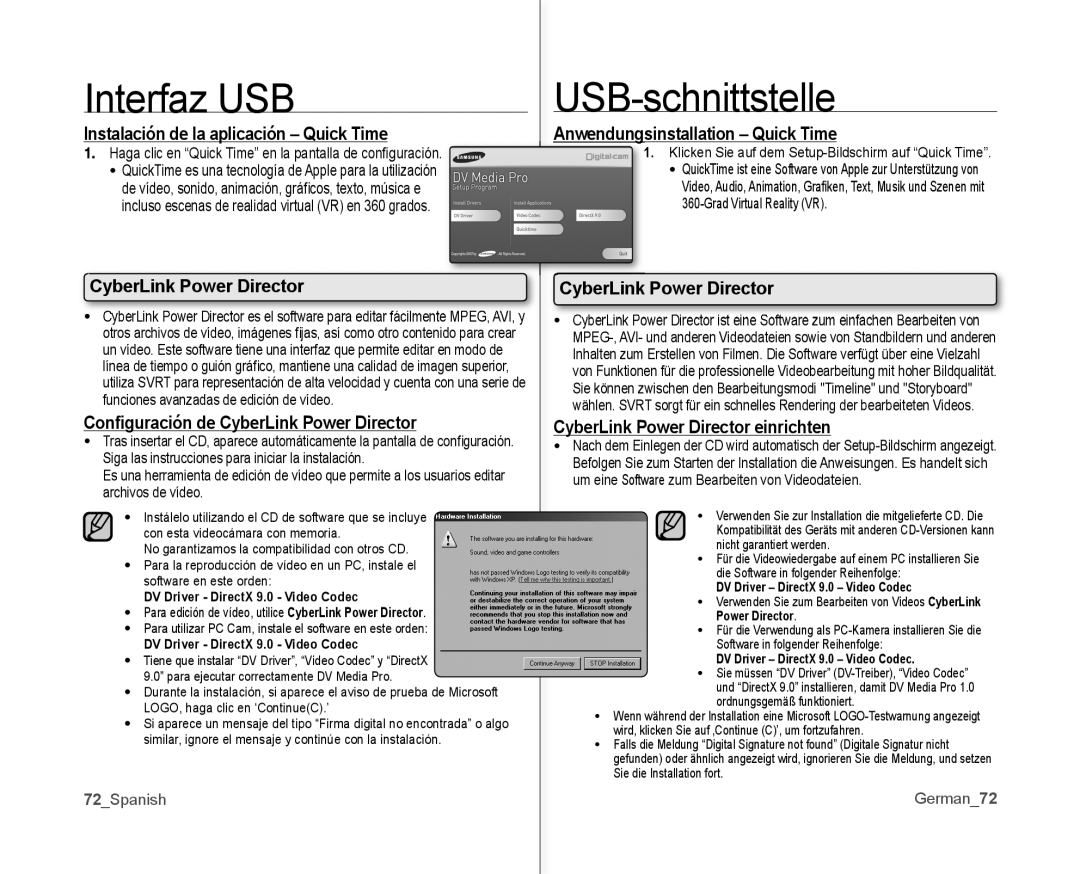 Samsung VP-MX10A/XEE Instalación de la aplicación Quick Time, CyberLink Power Director, Anwendungsinstallation Quick Time 