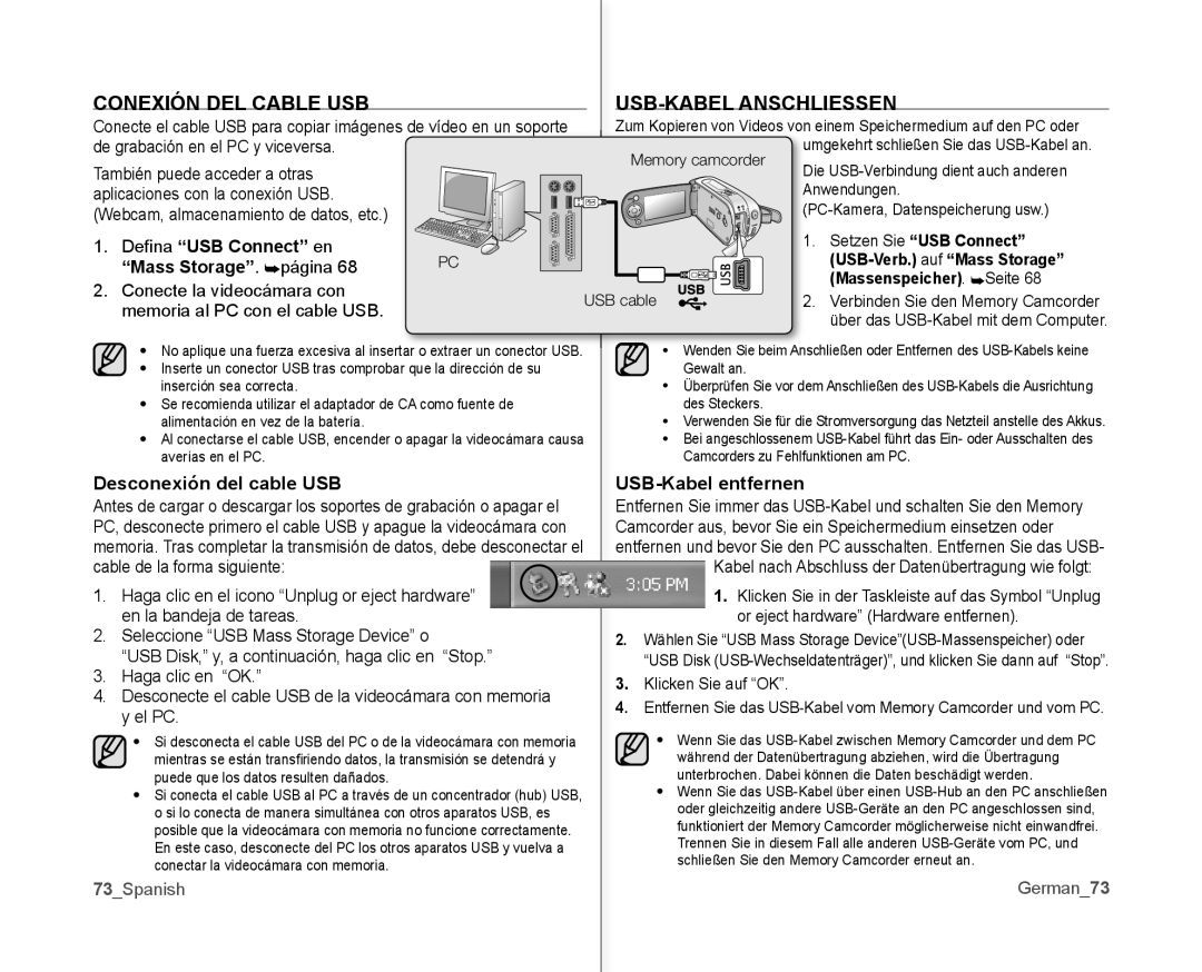 Samsung VP-MX10A/XEF manual Conexión DEL Cable USB USB-KABEL Anschliessen, Desconexión del cable USB USB-Kabel entfernen 