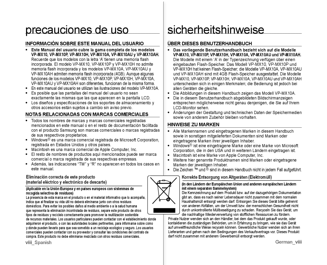 Samsung VP-MX10/XEO, VP-MX10A/XEE Notas Relacionadas CON Marcas Comerciales, Hinweise ZU Marken, ViiiSpanish Germanviii 