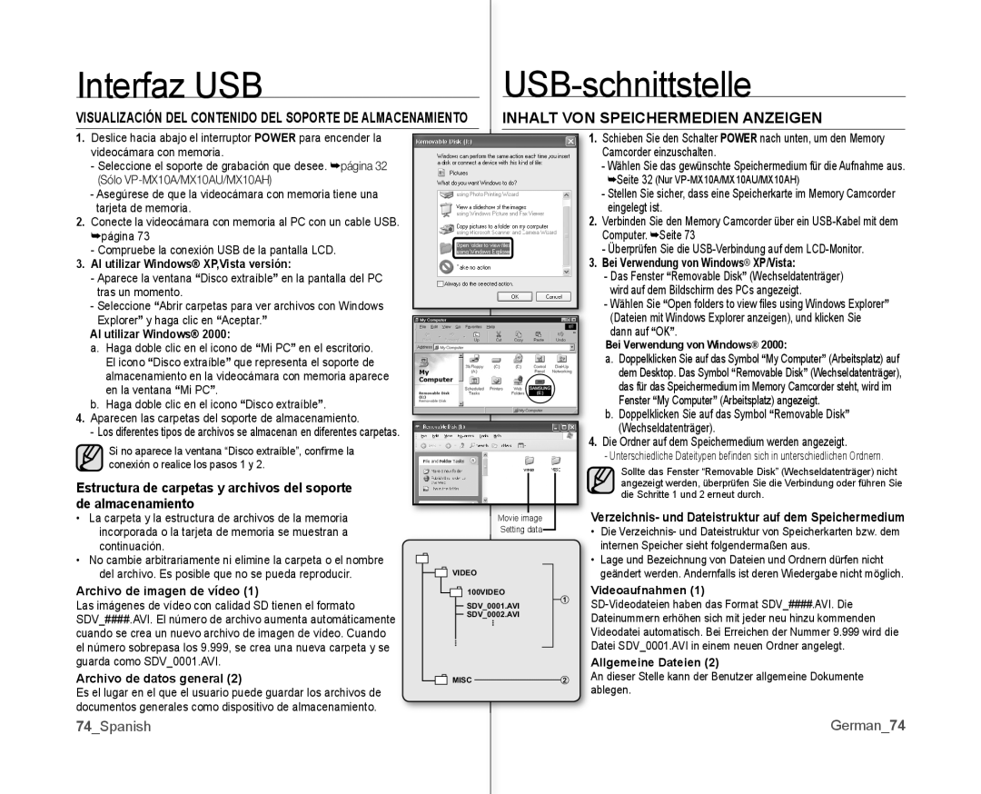 Samsung VP-MX10/XEO, VP-MX10A/XEE manual Estructura de carpetas y archivos del soporte, De almacenamiento, 74Spanish German 