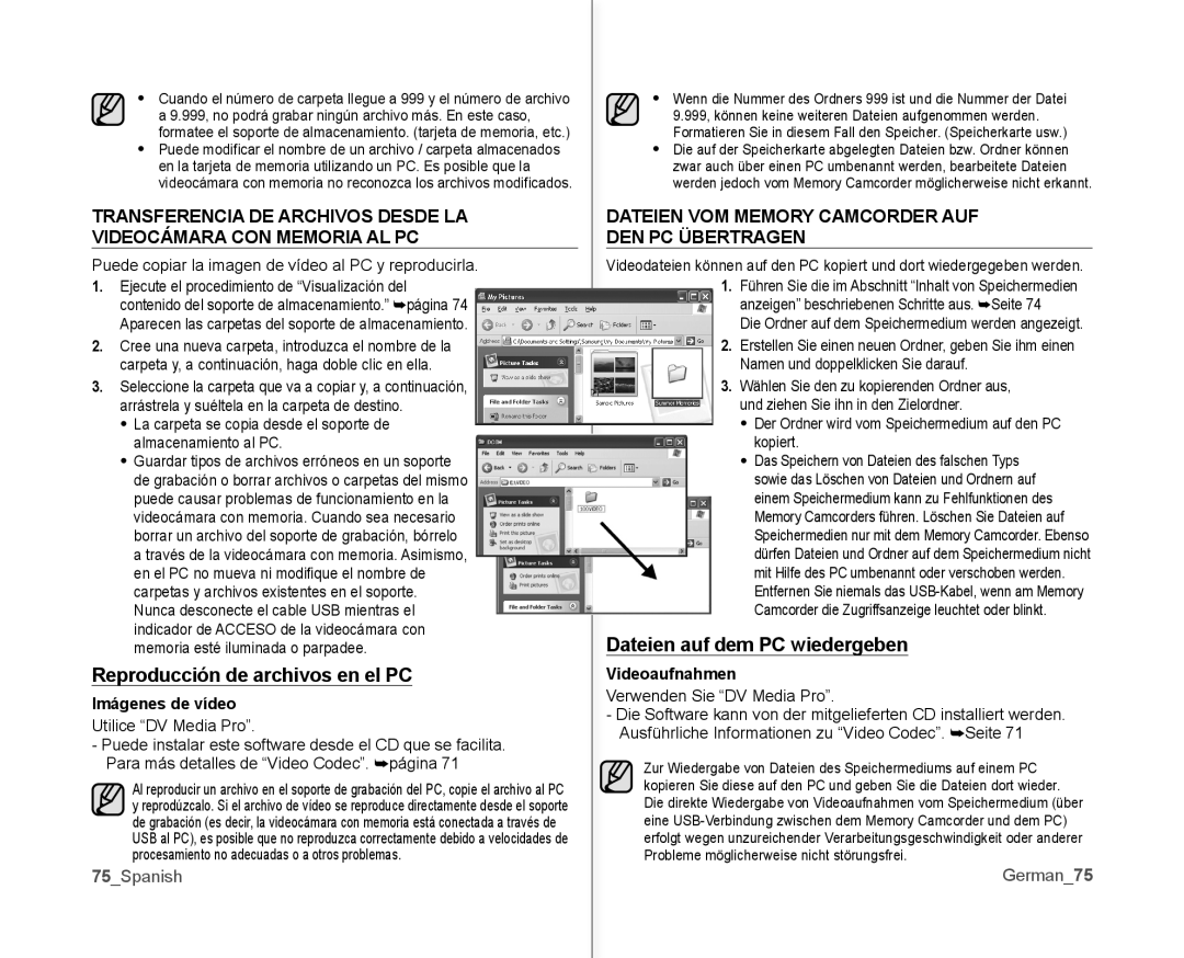 Samsung VP-MX10/XEE Reproducción de archivos en el PC, Dateien auf dem PC wiedergeben, Imágenes de vídeo, Videoaufnahmen 