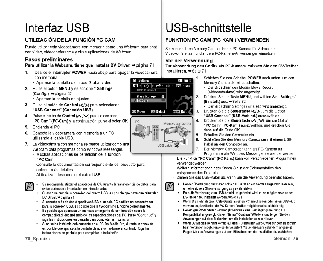 Samsung VP-MX10/CAN Interfaz USB USB-schnittstelle, Pasos preliminares, Vor der Verwendung, Installieren. Seite, PC Cam 