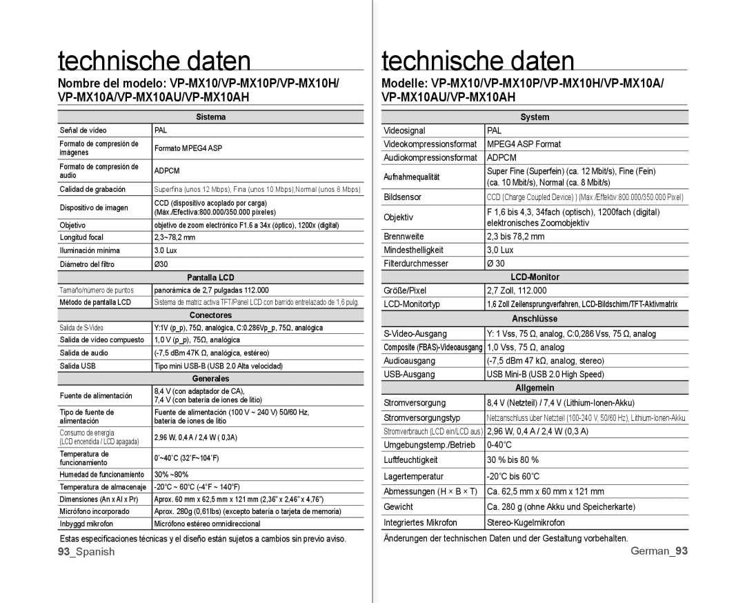 Samsung VP-MX10/XEE, VP-MX10A/XEE, VP-MX10A/XEF, VP-MX10/XEO, VP-MX10/CAN manual Technische daten, 93Spanish, German93, System 