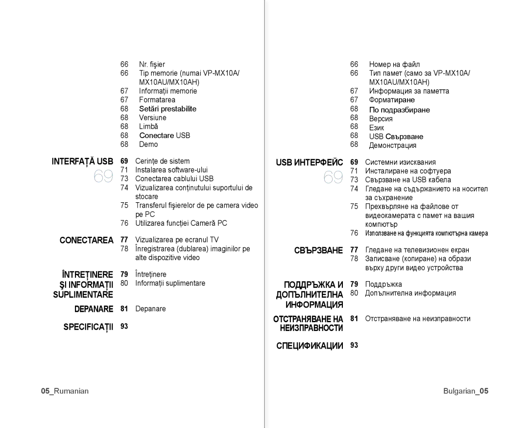 Samsung VP-MX10/XEE, VP-MX10A/XEE manual Conectarea, Întreţinere, Depanare, Specificaţii, Свързване, Информация 