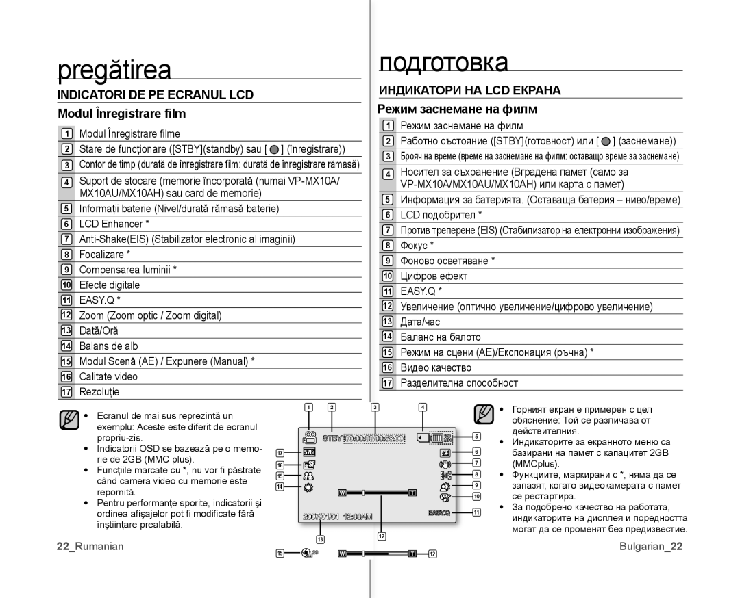 Samsung VP-MX10A/XEE, VP-MX10/XEE manual Indicatori DE PE Ecranul LCD, Modul Înregistrare ﬁlm, 22Rumanian, Bulgarian22 