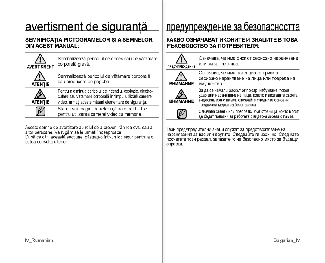 Samsung VP-MX10A/XEE manual Avertisment de siguranţă, Semnificaţia Pictogramelor ŞI a Semnelor DIN Acest Manual, IvRumanian 