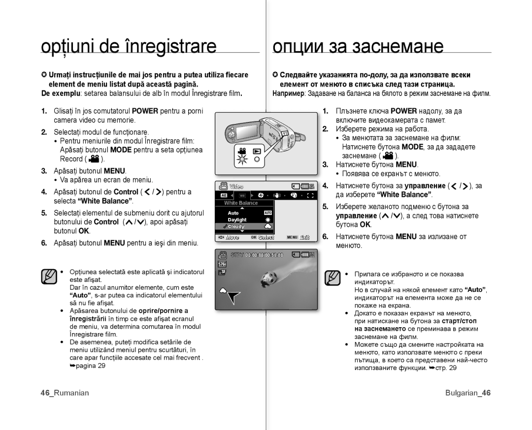 Samsung VP-MX10A/XEE, VP-MX10/XEE manual Element de meniu listat după această pagină, Да изберете White Balance, Управление 