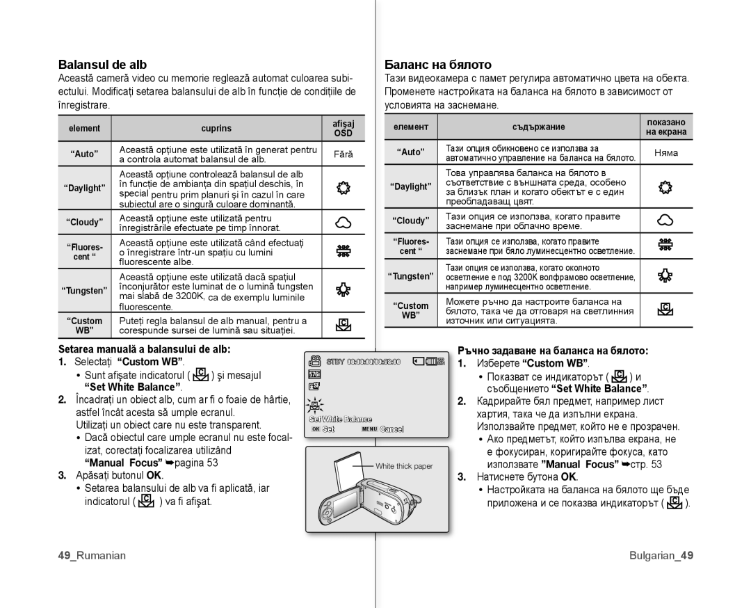 Samsung VP-MX10/XEE, VP-MX10A/XEE manual Balansul de alb Баланс на бялото 