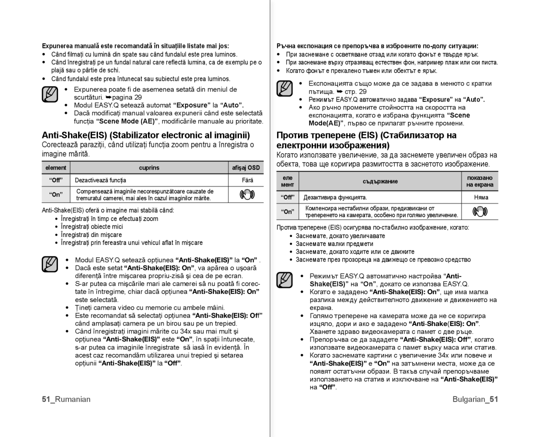 Samsung VP-MX10/XEE, VP-MX10A/XEE manual Anti-ShakeEIS Stabilizator electronic al imaginii, 51Rumanian, Bulgarian51, На Off 