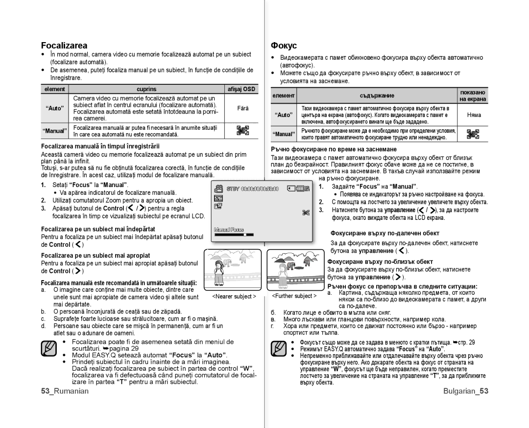 Samsung VP-MX10/XEE, VP-MX10A/XEE manual Focalizarea Фокус, 53Rumanian Bulgarian 