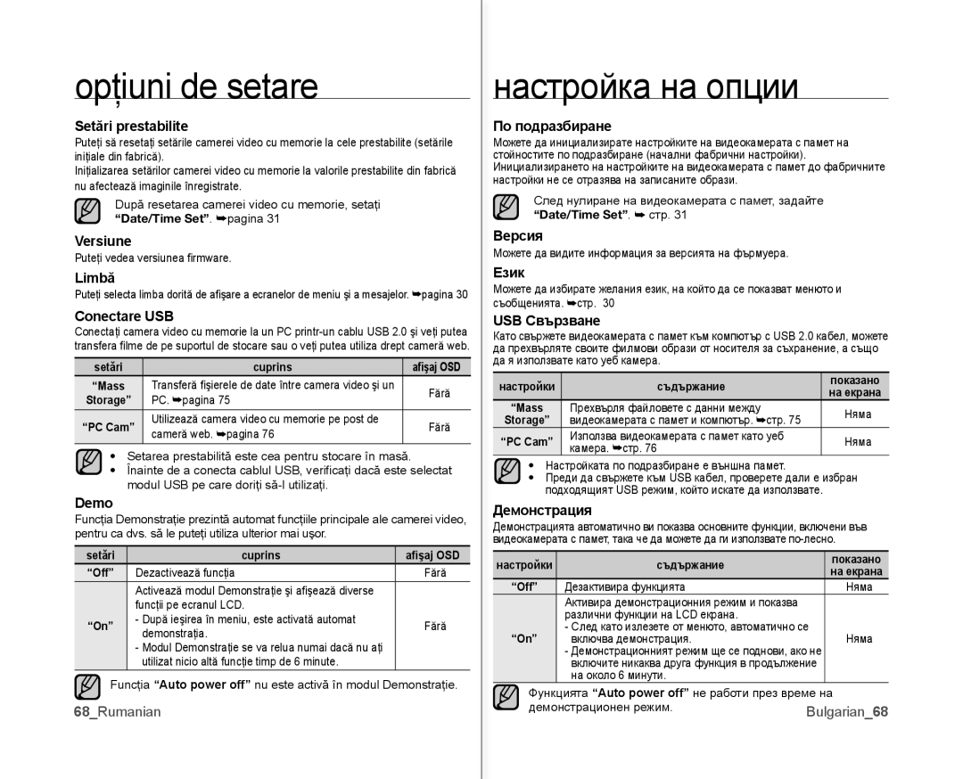 Samsung VP-MX10A/XEE, VP-MX10/XEE Setări prestabilite, Versiune, Limbă, Conectare USB, Demo, По подразбиране, Версия, Език 