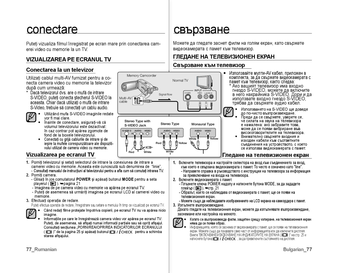 Samsung VP-MX10/XEE Conectare Свързване, Vizualizarea PE Ecranul TV Гледане НА Телевизионен Екран, Свързване към телевизор 