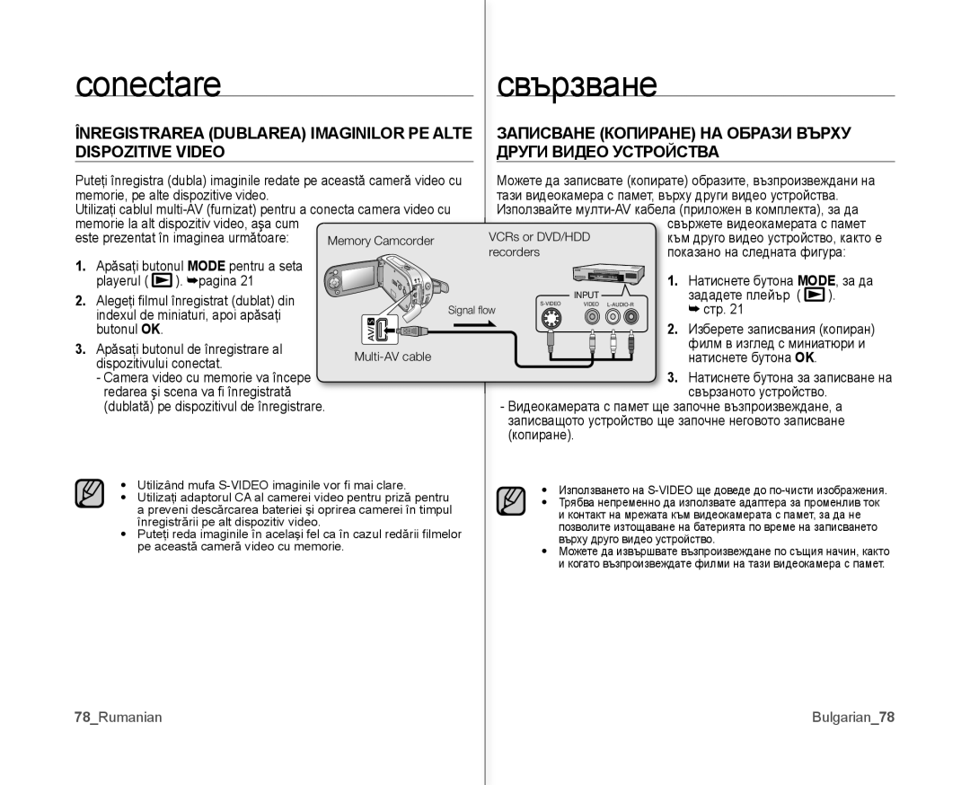 Samsung VP-MX10A/XEE manual Conectare, Înregistrarea Dublarea Imaginilor PE Alte Dispozitive Video, 78Rumanian, Bulgarian78 