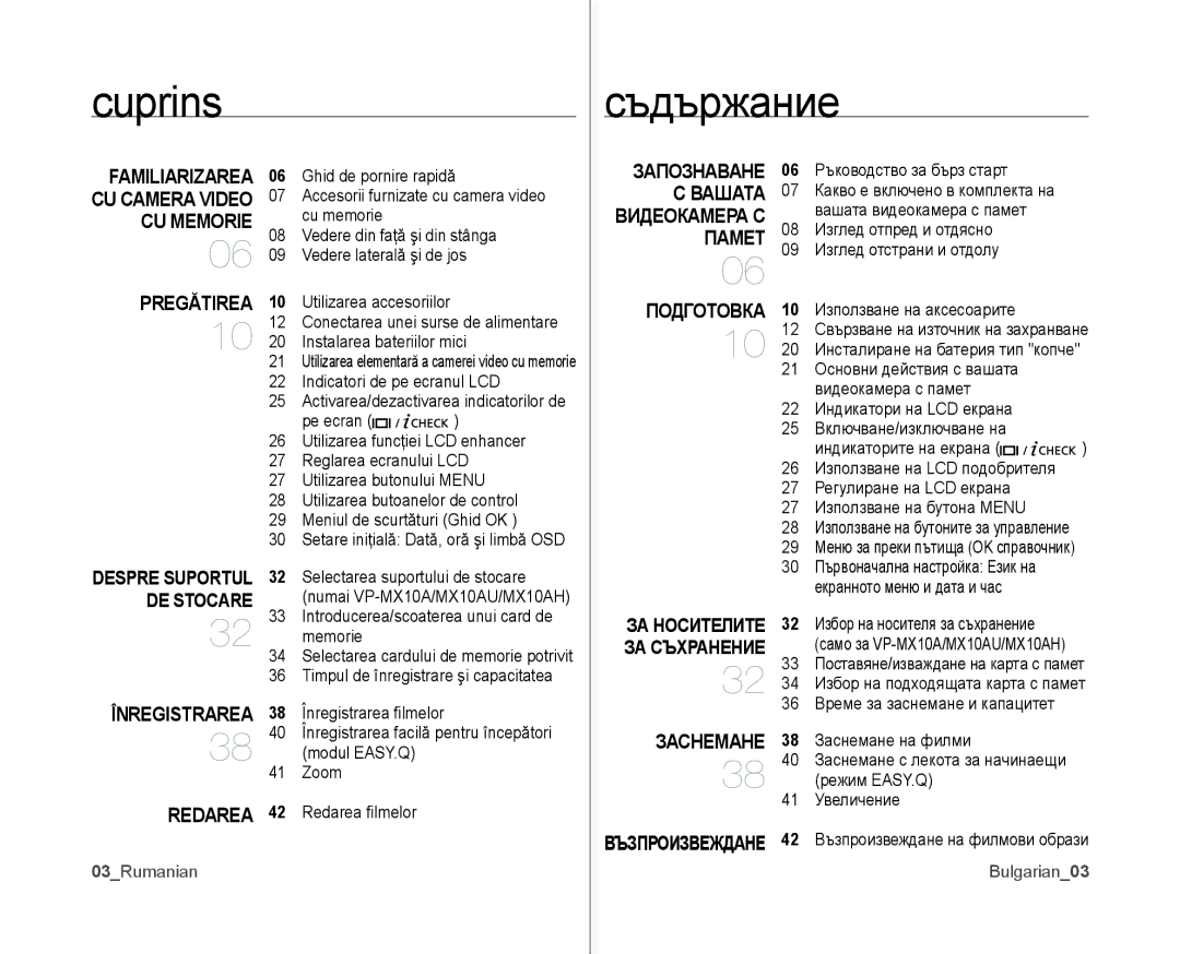 Samsung VP-MX10/XEE, VP-MX10A/XEE manual Cuprins Съдържание 