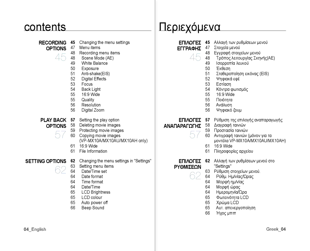 Samsung VP-MX10A/XEO, VP-MX10H/XEF, VP-MX10/XEF Επιλογεσ Εγγραφησ, Επιλογεσ Ρυθμισεων, Play Back Options, 04English Greek04 