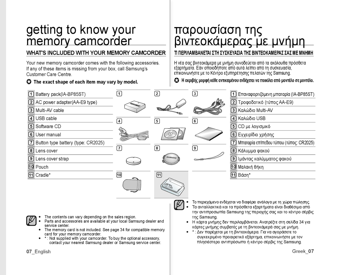 Samsung VP-MX10A/AND, VP-MX10H/XEF, VP-MX10/XEF, VP-MX10/XEO Customer Care Centre, Battery packIA-BP85ST, 07English, Greek07 