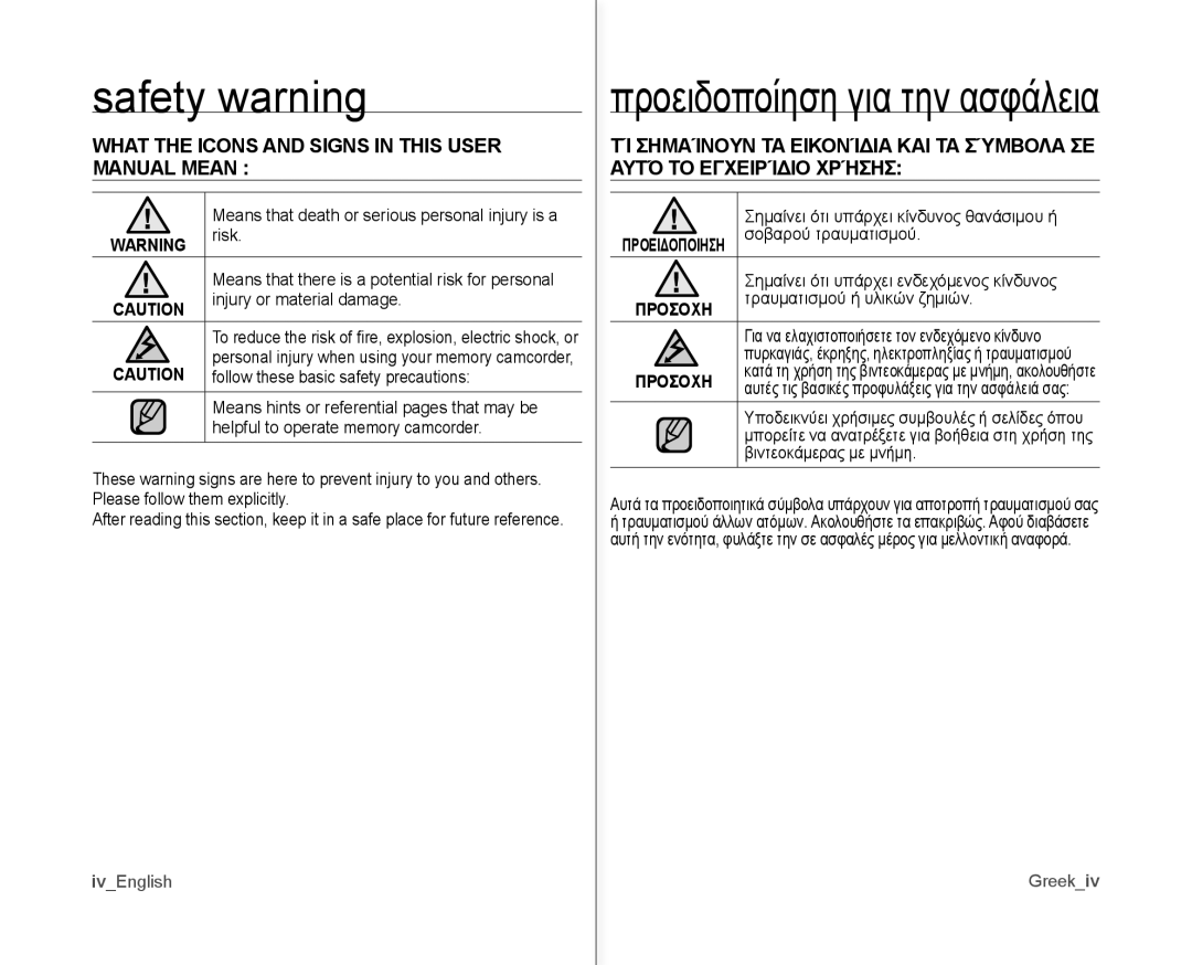 Samsung VP-MX10P/XEF, VP-MX10H/XEF, VP-MX10/XEF, VP-MX10AH/XEF, VP-MX10AU/XEF, VP-MX10A/XEE Safety warning, IvEnglish, Greekiv 