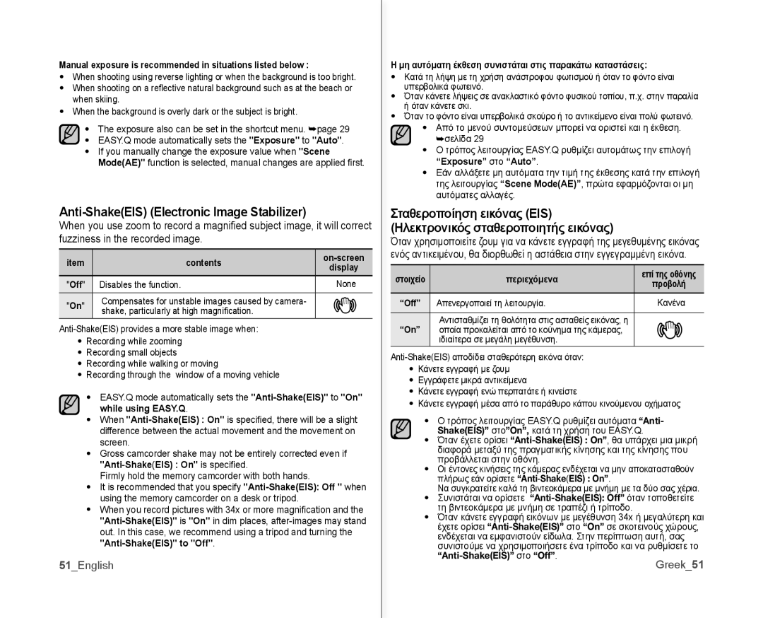 Samsung VP-MX10A/CAN, VP-MX10H/XEF, VP-MX10/XEF, VP-MX10AH/XEF Anti-ShakeEIS Electronic Image Stabilizer, 51English, Greek51 