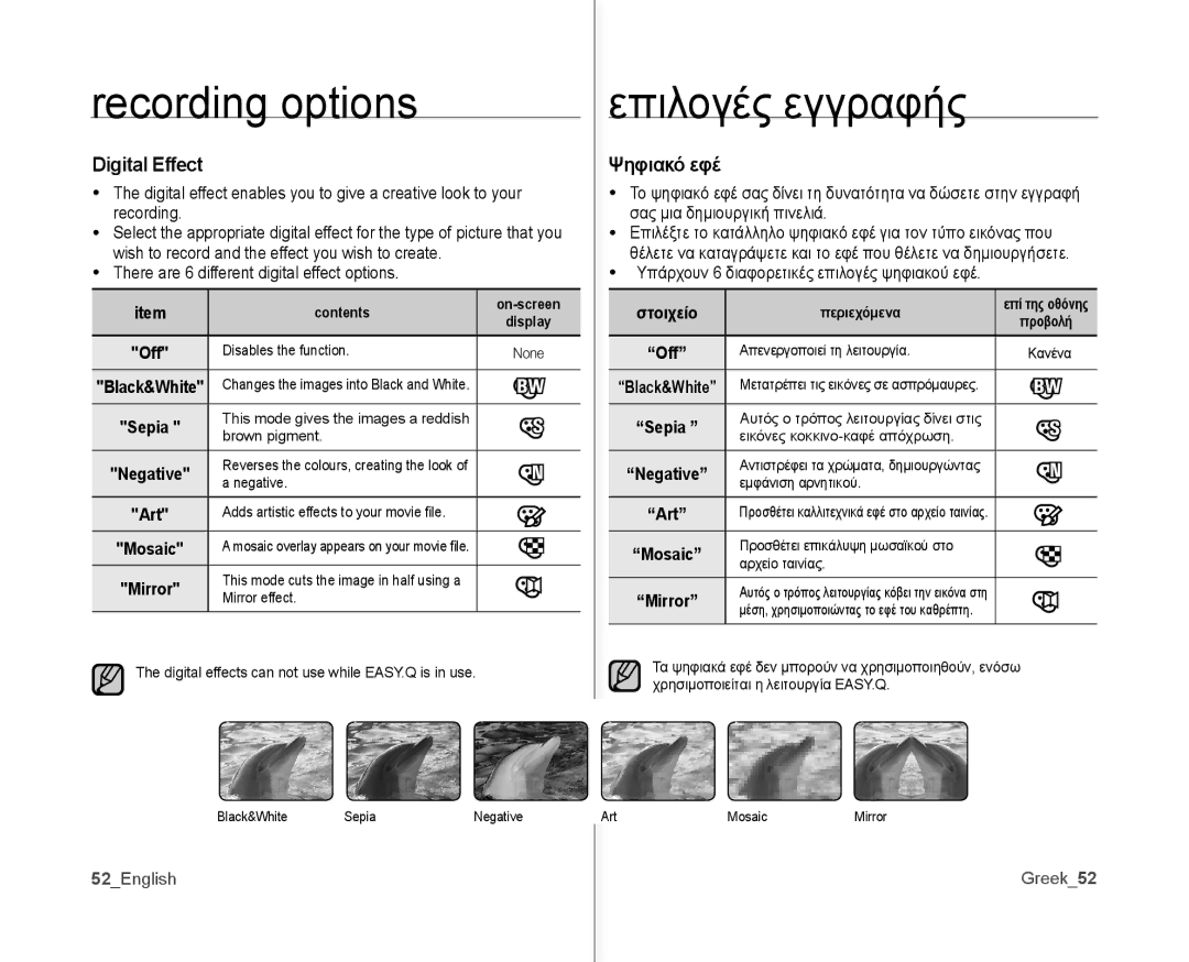 Samsung VP-MX10P/AND, VP-MX10H/XEF, VP-MX10/XEF, VP-MX10AH/XEF manual Digital Effect, Ψηφιακό εφέ, Art, 52English Greek52 