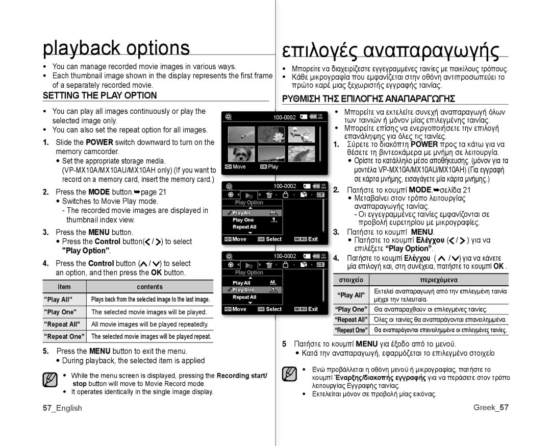 Samsung VP-MX10AU/CAN Playback options, Ρυθμιση ΤΗΣ Επιλογησ Αναπαραγωγησ, Επιλέξετε Play Option, 57English Greek57 