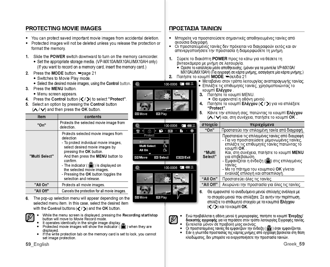 Samsung VP-MX10A/UMG, VP-MX10H/XEF, VP-MX10/XEF, VP-MX10AH/XEF Protecting Movie Images Προστασια Ταινιων, Protect Contents 