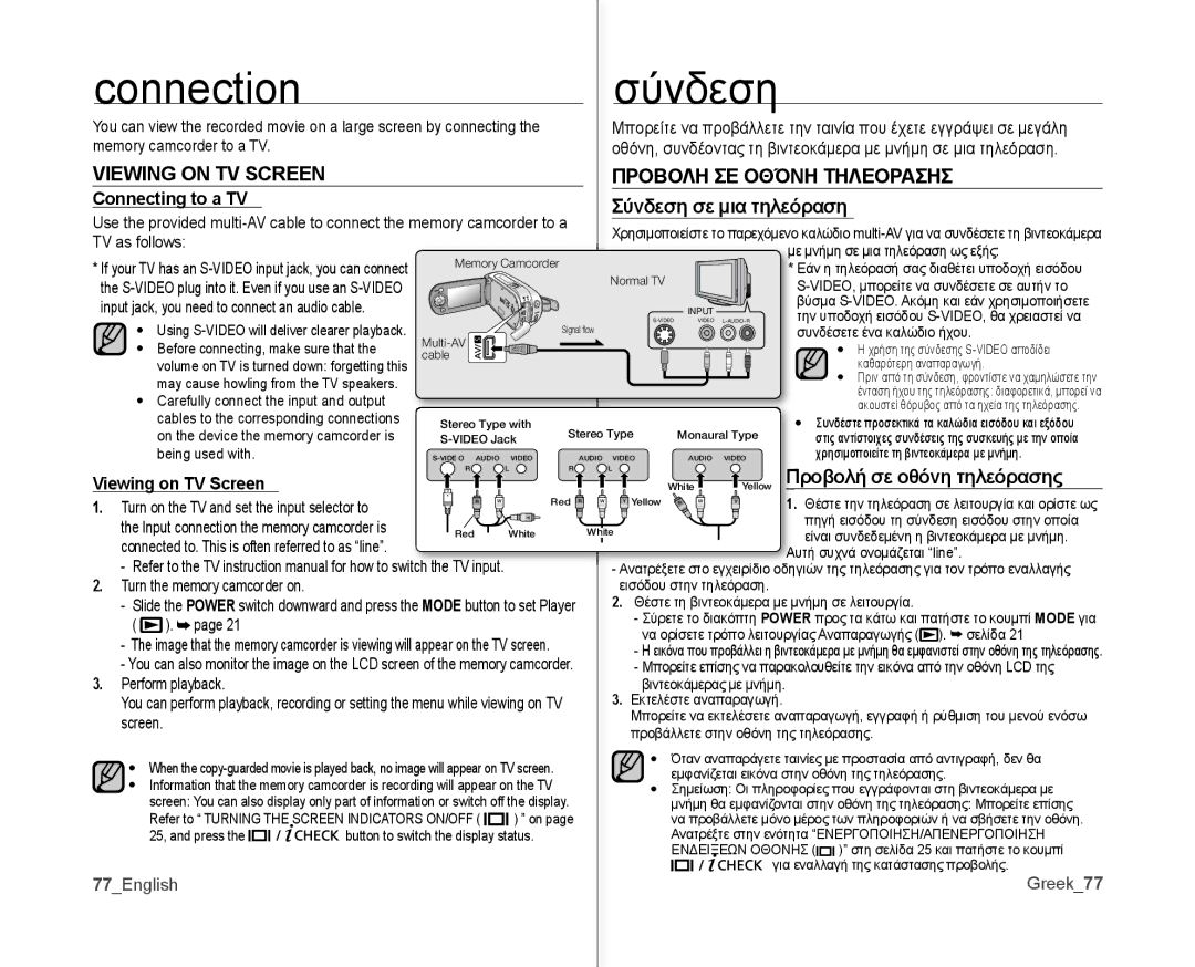 Samsung VP-MX10/UMG Connection, Viewing on TV Screen Προβολη ΣΕ Οθόνη Τηλεορασησ, Connecting to a TV, 77English Greek77 