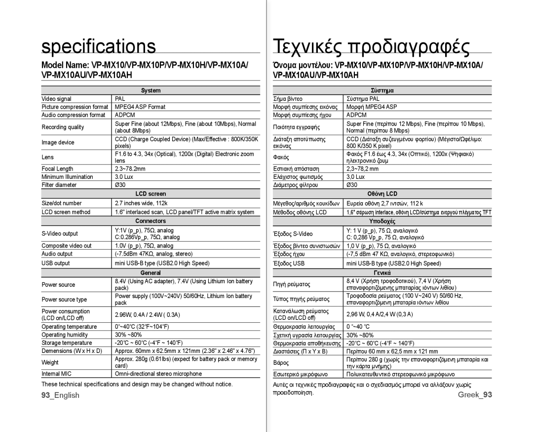 Samsung VP-MX10AU/CAN, VP-MX10H/XEF, VP-MX10/XEF, VP-MX10AH/XEF, VP-MX10/XEO Speciﬁ cations, Τεχνικές προδιαγραφές, 93English 