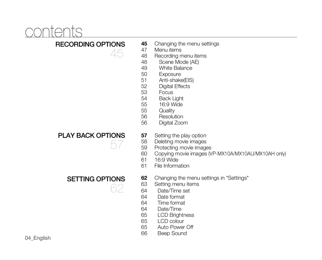 Samsung VP-MX10A/XEO, VP-MX10H/XEF, VP-MX10/XEF, VP-MX10AH/XEF manual Recording options Play back options, Setting Options 