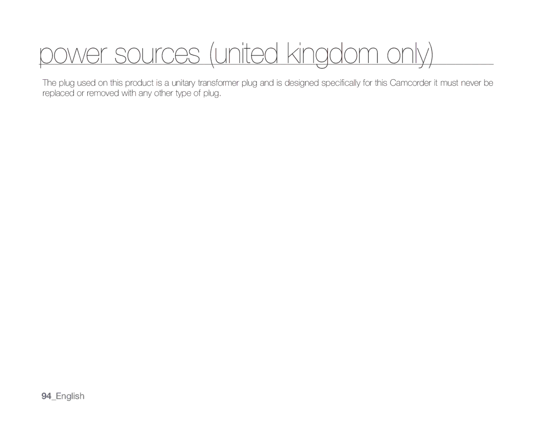 Samsung VP-MX10A/HAC, VP-MX10H/XEF, VP-MX10/XEF, VP-MX10AH/XEF, VP-MX10AU/XEF, VP-MX10P/XEF Power sources united kingdom only 