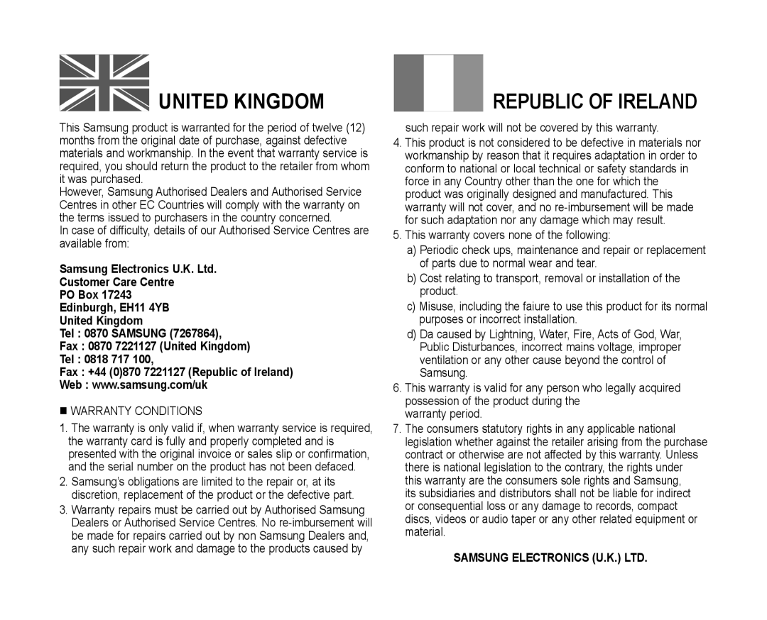 Samsung VP-MX10A/UMG, VP-MX10H/XEF, VP-MX10/XEF, VP-MX10AH/XEF, VP-MX10AU/XEF, VP-MX10P/XEF, VP-MX10A/XEE manual United Kingdom 