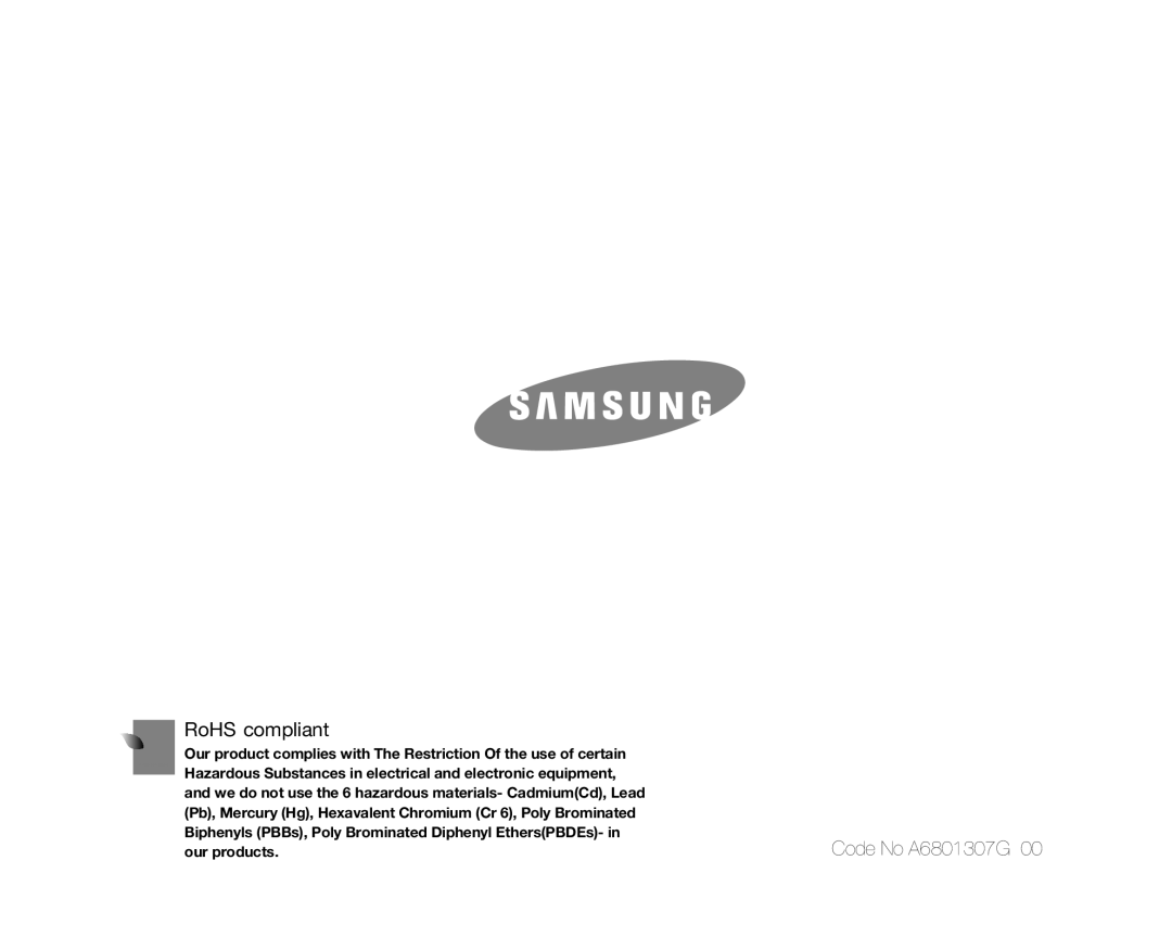 Samsung VP-MX10A/XER, VP-MX10H/XEF, VP-MX10/XEF, VP-MX10AH/XEF, VP-MX10AU/XEF manual RoHS compliant, Code No. AD68-01307G 