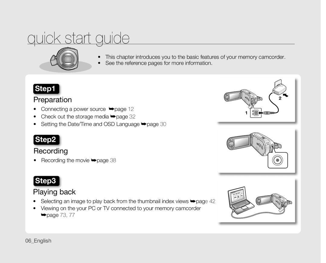 Samsung VP-MX10A/MEA, VP-MX10H/XEF, VP-MX10/XEF, VP-MX10AH/XEF, VP-MX10AU/XEF manual Quick start guide, Recording the movie 