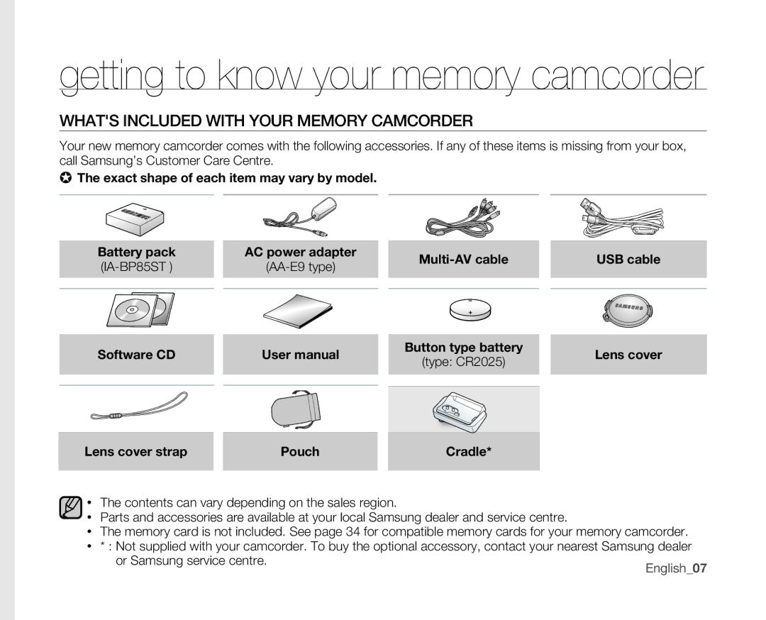 Samsung VP-MX10A/AND Whats Included with Your Memory Camcorder, Theexactshapeofeachitemmayvarybymodel, Pouch 