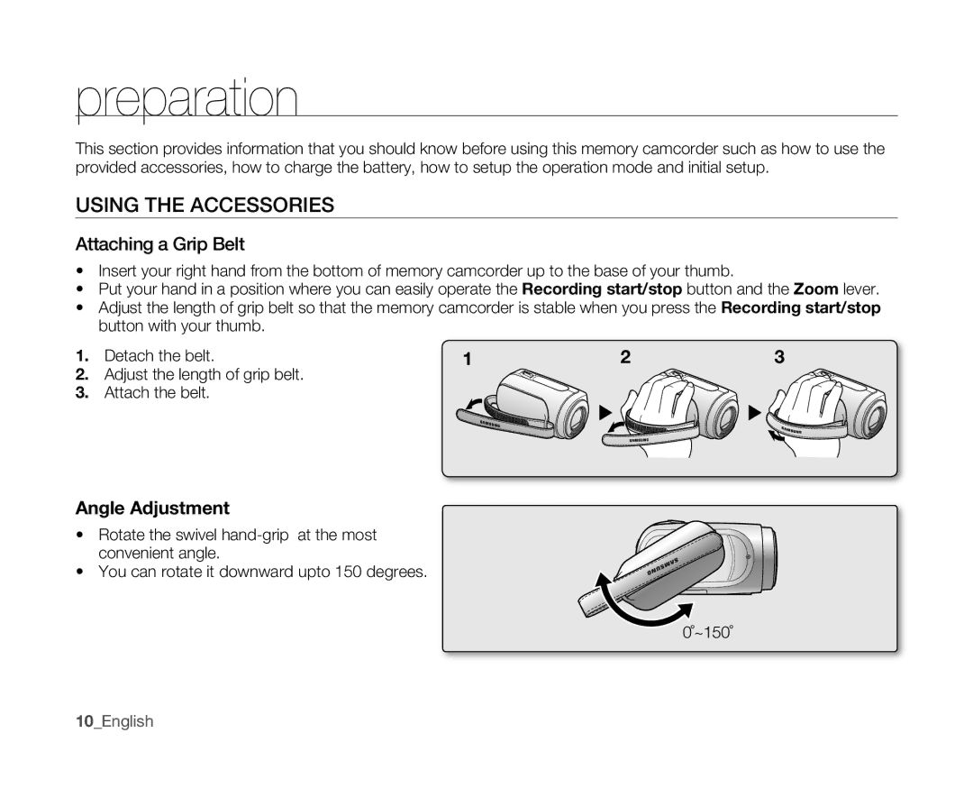 Samsung VP-MX10AU/HAC, VP-MX10H/XEF, VP-MX10/XEF, VP-MX10AH/XEF Preparation, Using the Accessories, Attaching a Grip Belt 