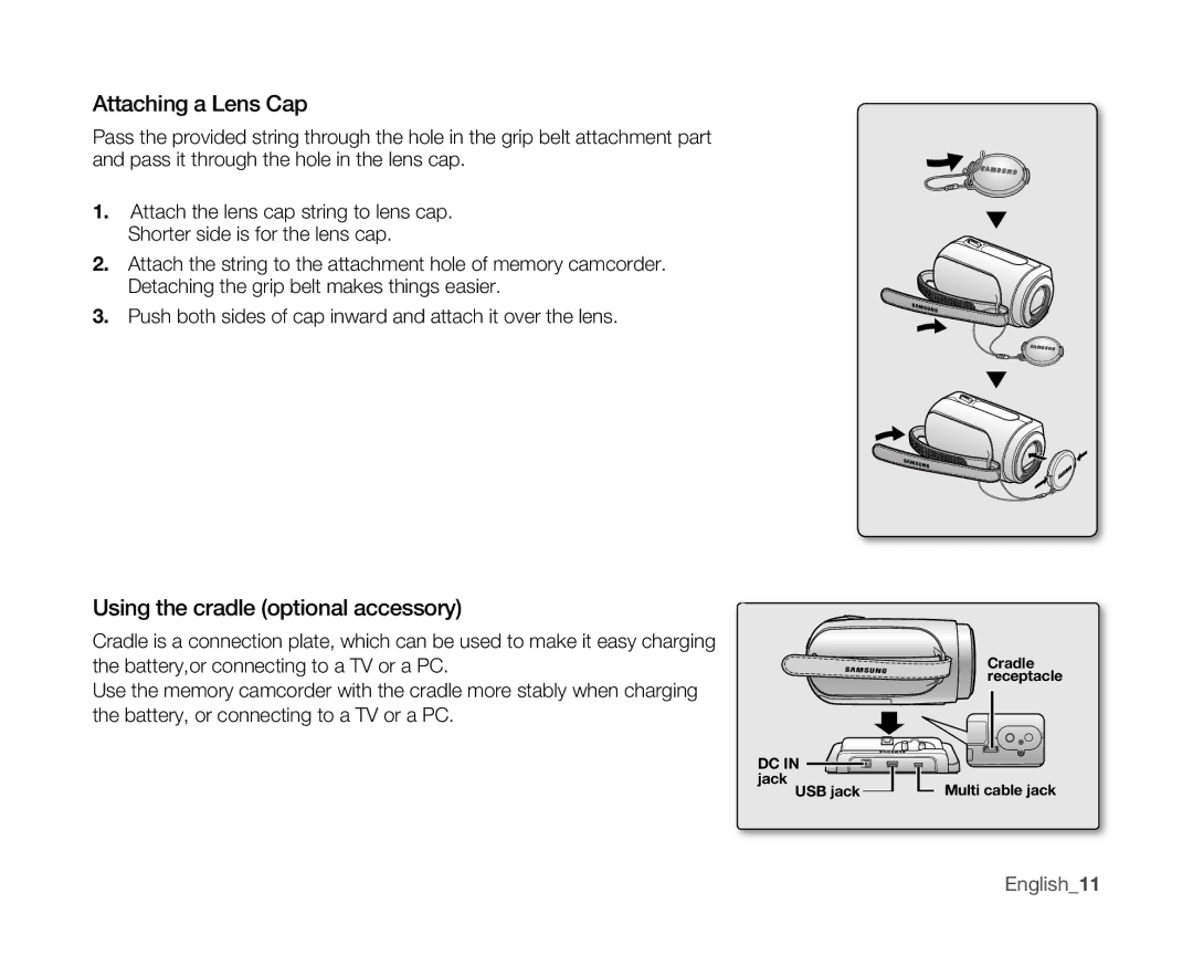 Samsung VP-MX10/AND, VP-MX10H/XEF, VP-MX10/XEF, VP-MX10AH/XEF manual Attaching a Lens Cap, Using the cradle optional accessory 