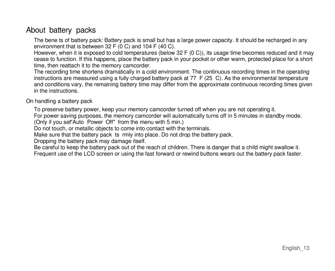 Samsung VP-MX10/MEA, VP-MX10H/XEF, VP-MX10/XEF, VP-MX10AH/XEF, VP-MX10AU/XEF, VP-MX10P/XEF, VP-MX10A/XEE About battery packs 