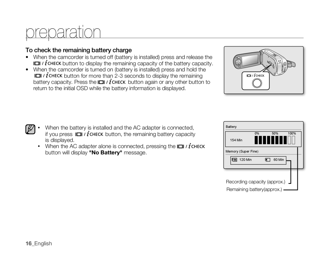 Samsung VP-MX10P/AND, VP-MX10H/XEF, VP-MX10/XEF, VP-MX10AH/XEF, VP-MX10AU/XEF manual To check the remaining battery charge 