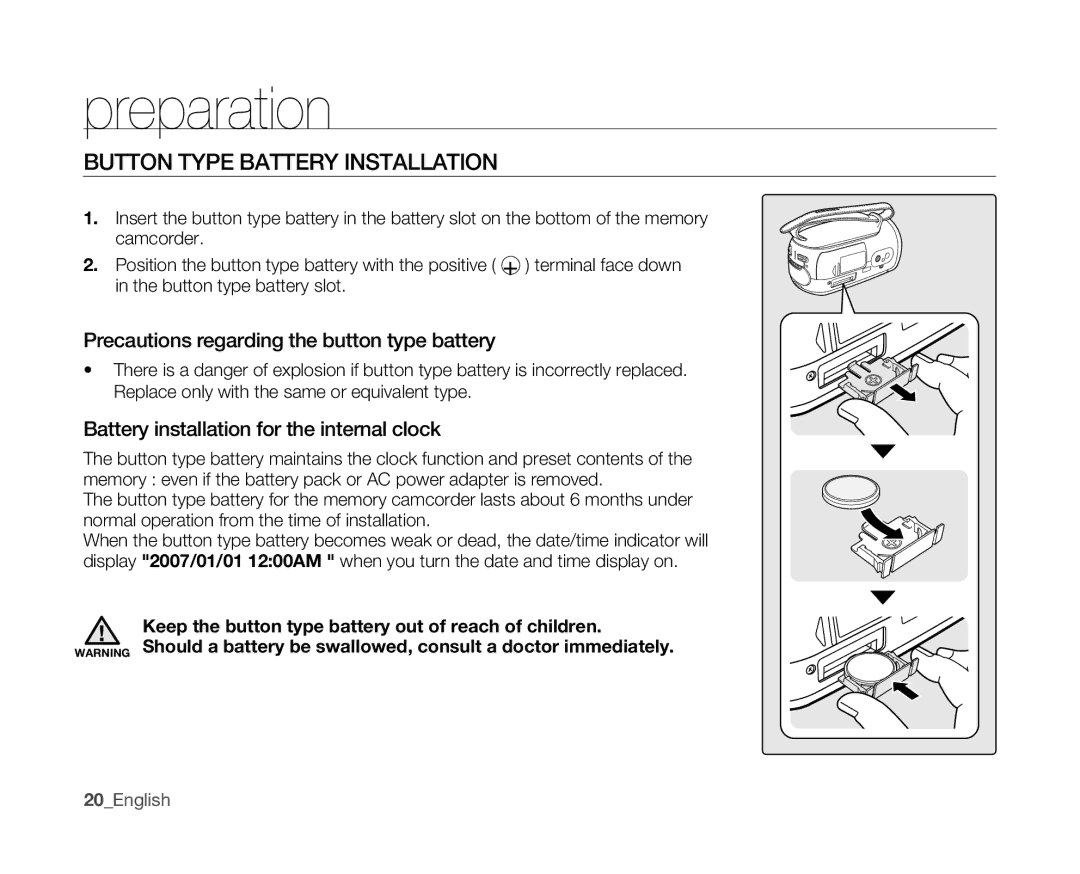 Samsung VP-MX10AH/MEA, VP-MX10H/XEF manual Button Type Battery Installation, Precautions regarding the button type battery 