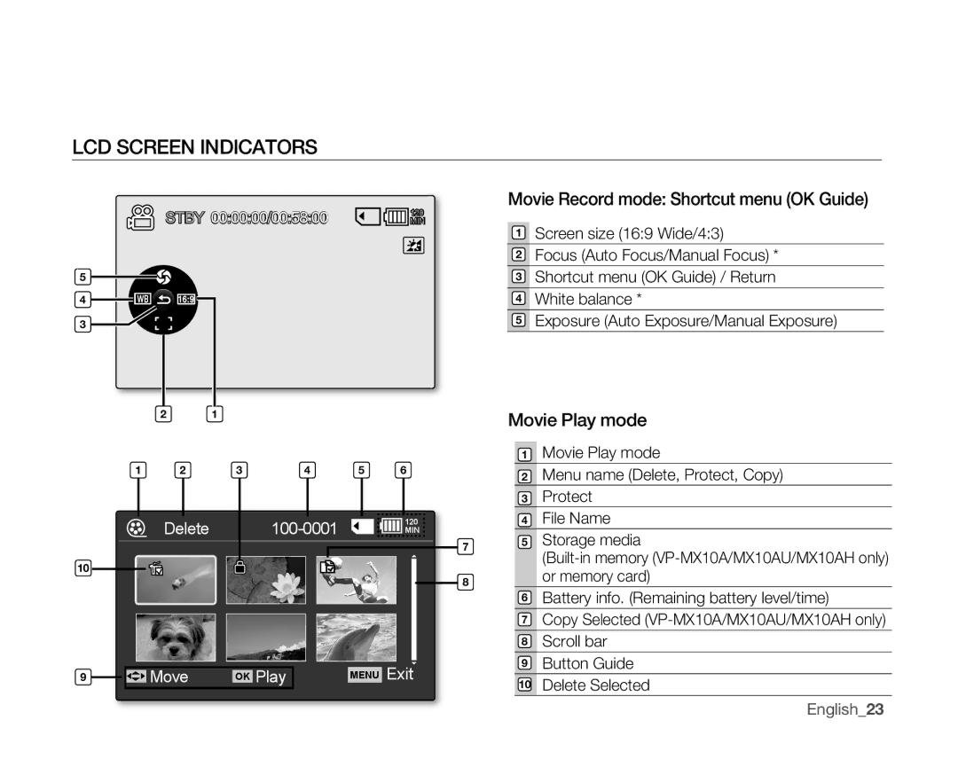 Samsung VP-MX10A/UMG, VP-MX10H/XEF, VP-MX10/XEF, VP-MX10AH/XEF Movie Record mode Shortcut menu OK Guide, Movie Play mode 