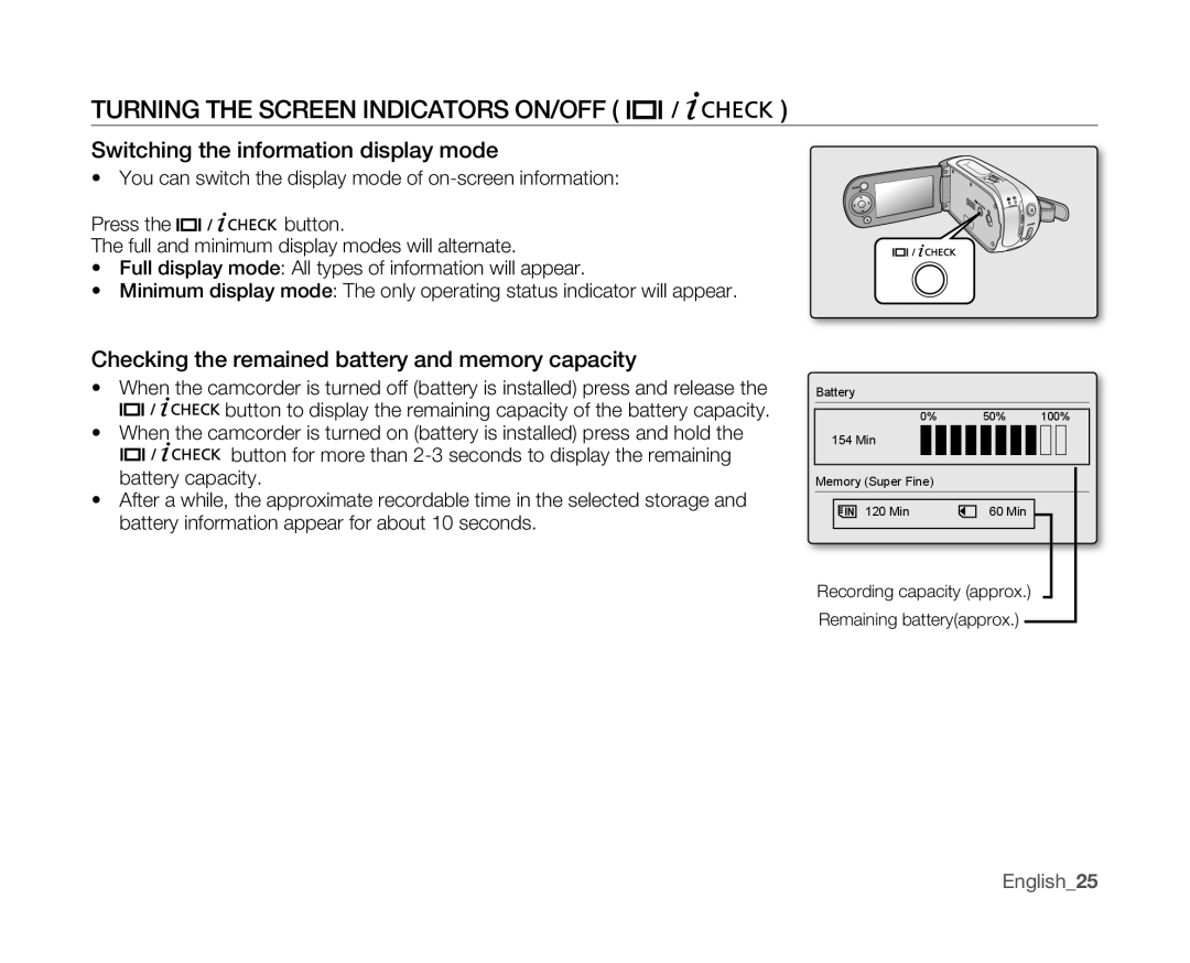 Samsung VP-MX10AU/XEO, VP-MX10H/XEF manual Turning the Screen Indicators ON/OFF, Switching the information display mode 