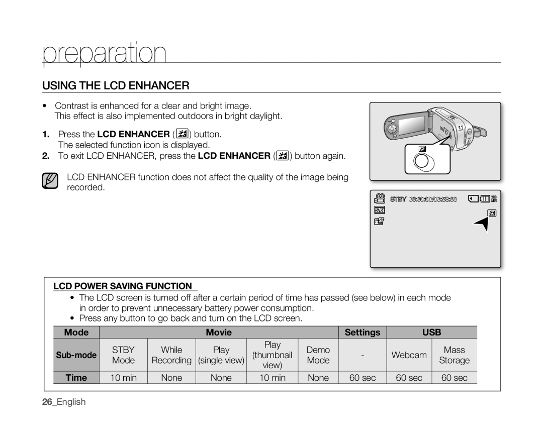 Samsung VP-MX10AH/XEE, VP-MX10H/XEF manual Using the LCD Enhancer, Mode Movie Settings, While Play Demo Mass, min None 