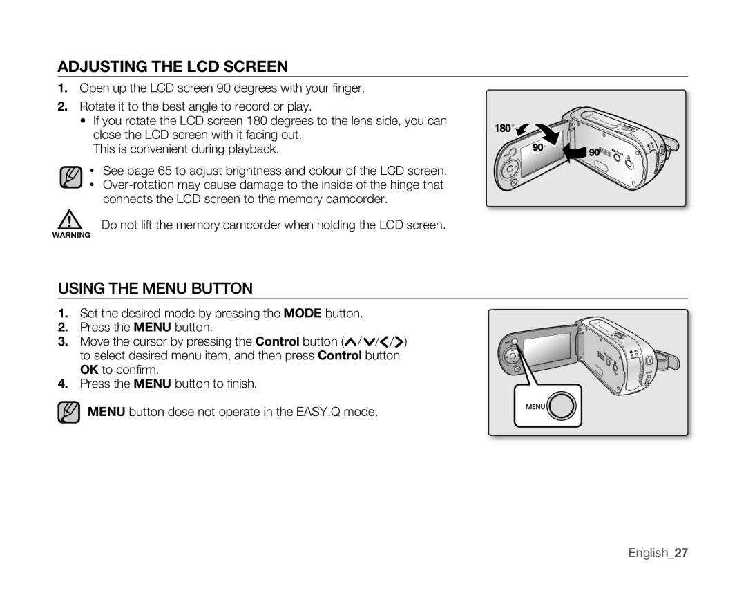 Samsung VP-MX10A/XER, VP-MX10H/XEF, VP-MX10/XEF, VP-MX10AH/XEF, VP-MX10AU/XEF AdjustingTheLcdScreen, Using the Menu Button 