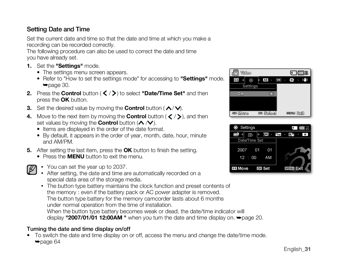 Samsung VP-MX10/XEF, VP-MX10H/XEF, VP-MX10AH/XEF, VP-MX10AU/XEF manual Setting Date and Time, You can set the year up to 