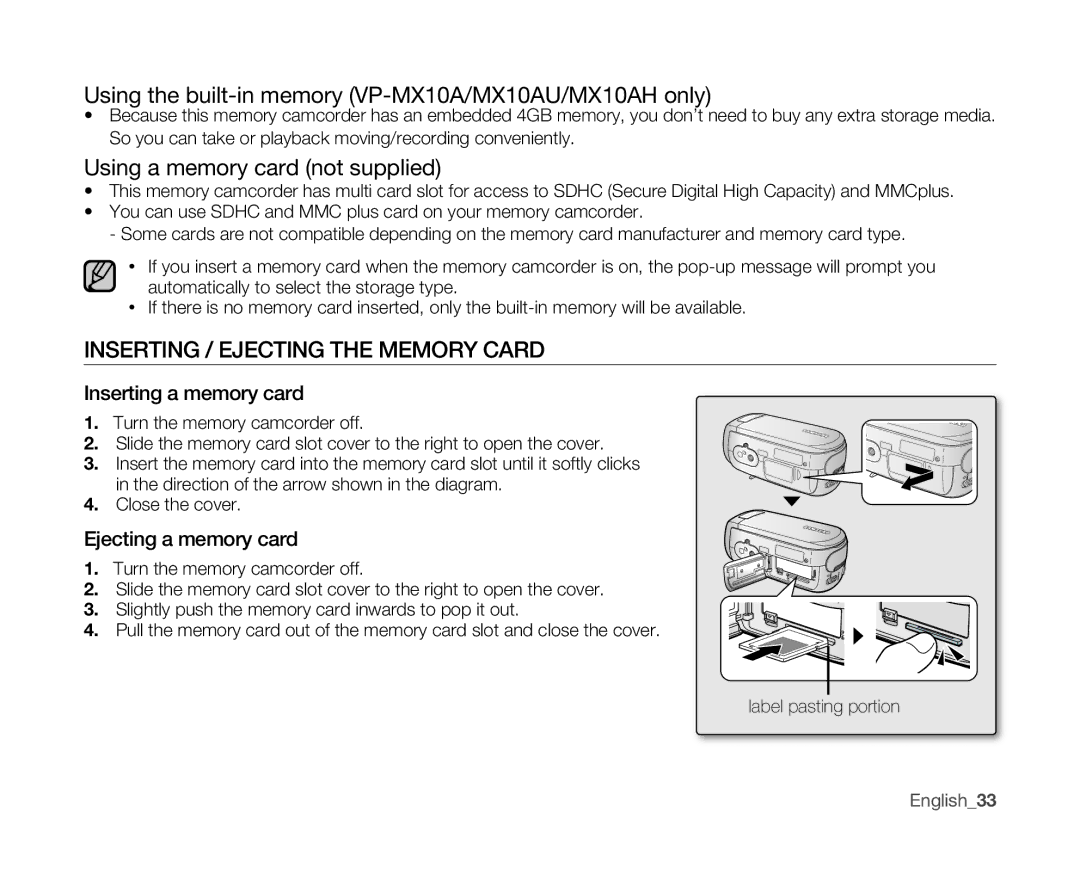 Samsung VP-MX10AU/XEF, VP-MX10/XEF Using the built-in memory VP-MX10A/MX10AU/MX10AH only, Using a memory card not supplied 