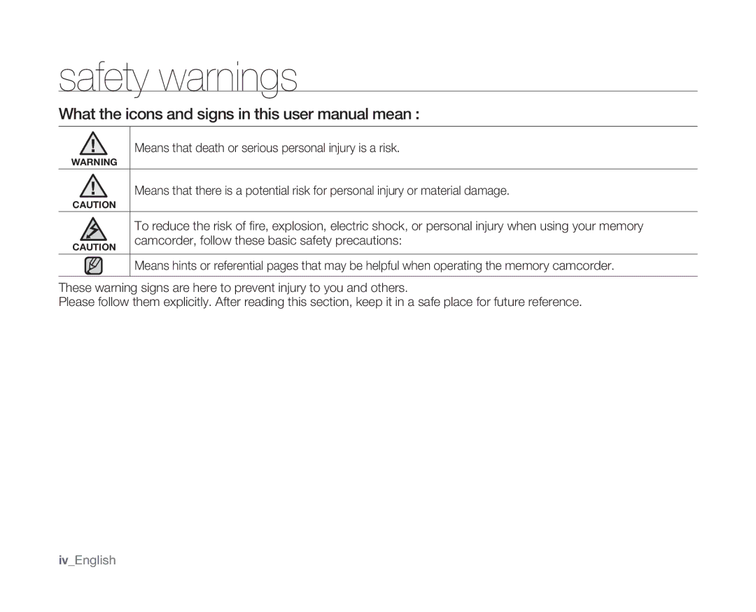 Samsung VP-MX10P/XEF, VP-MX10H/XEF, VP-MX10/XEF manual Safety warnings, Camcorder, follow these basic safety precautions 