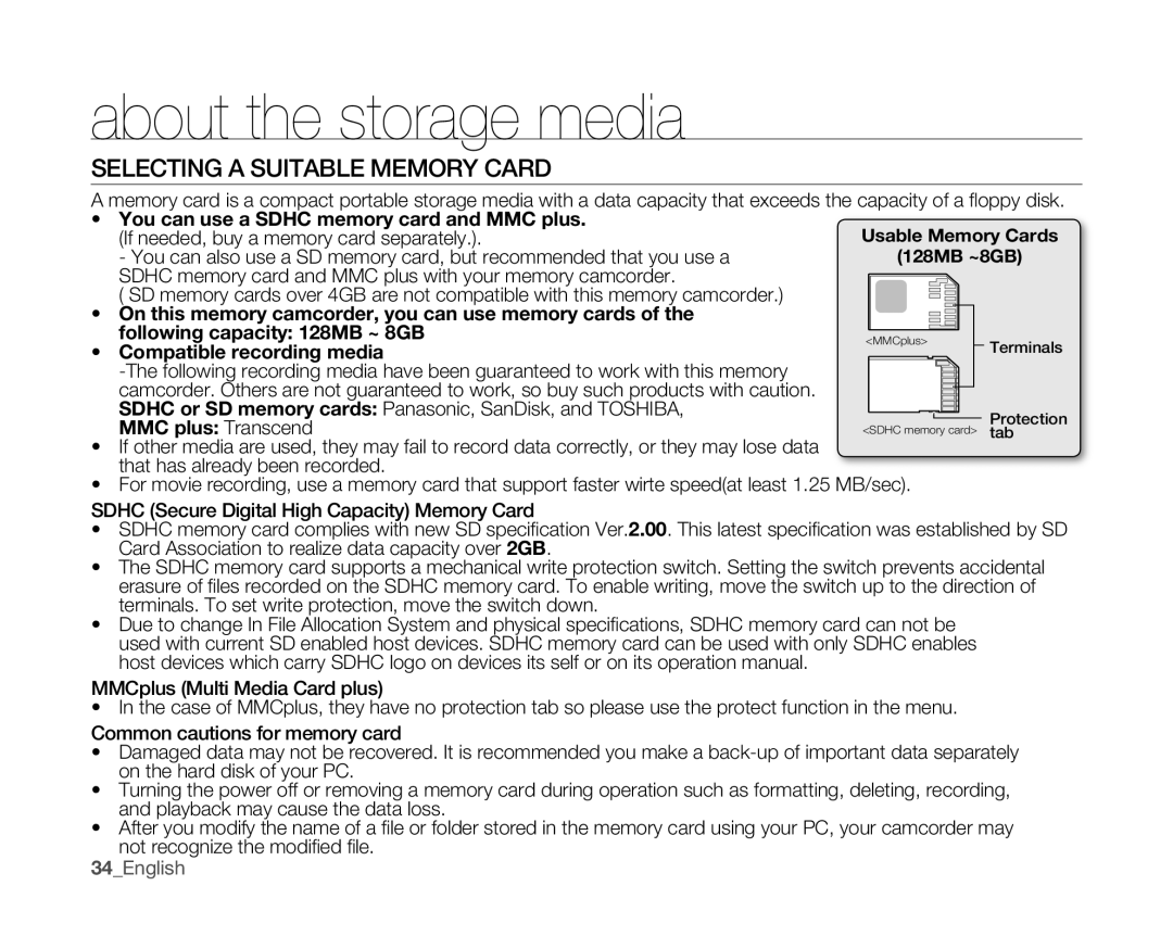 Samsung VP-MX10P/XEF, VP-MX10H/XEF manual Selecting a Suitable Memory Card, You canuseaSDHCmemorycardandMMCplus 