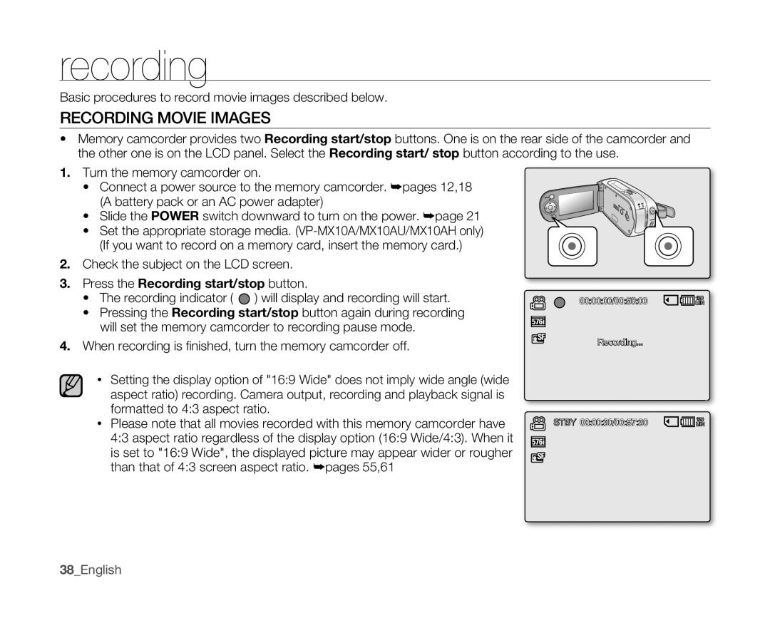 Samsung VP-MX10/XEE, VP-MX10H/XEF, VP-MX10/XEF manual Recording Movie Images, Press the Recordingstart/stop button 