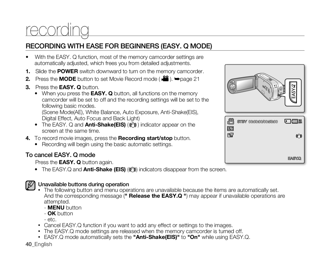 Samsung VP-MX10A/XEO, VP-MX10H/XEF, VP-MX10/XEF manual Recording with Ease for Beginners EASY. Q Mode, To cancel EASY. Q mode 